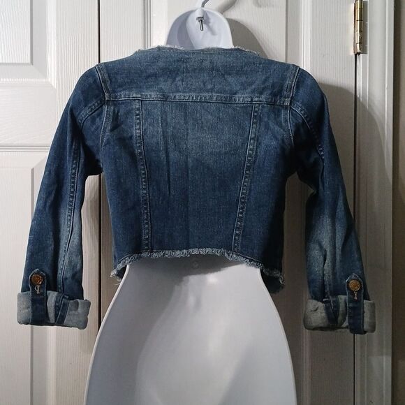 Princess Vera Wang cropped jean denim raw trim jacket Sz XS NWOT - Picture 5 of 8